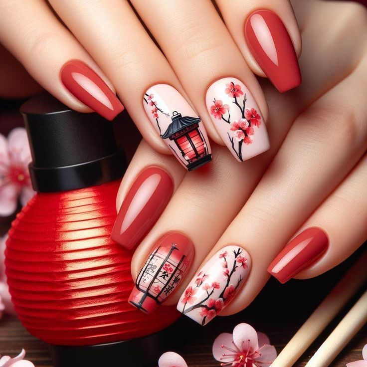 طراحی ناخن قرمز با شکوفه و فانوس ژاپنی