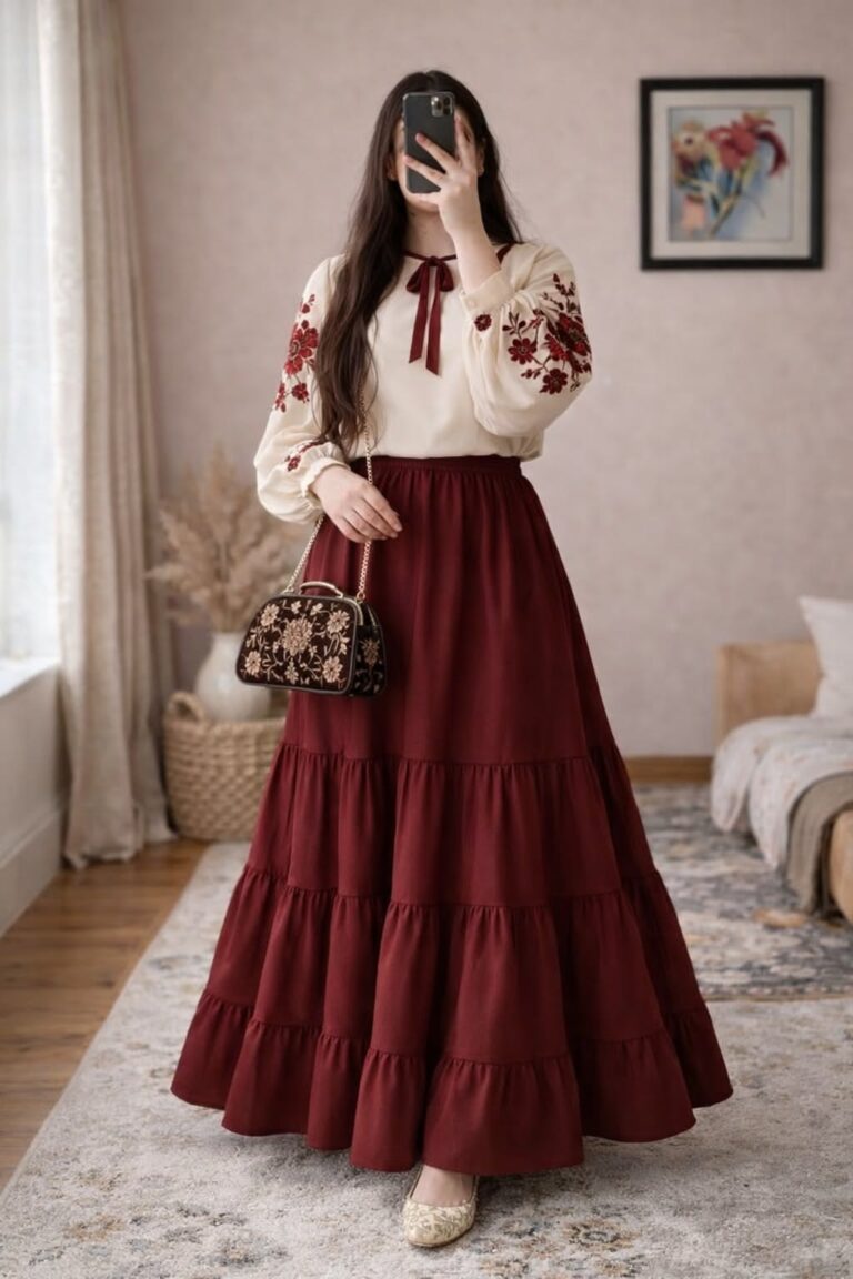 استایل لطیف زرشکی با گلدوزی‌های شاعرانه