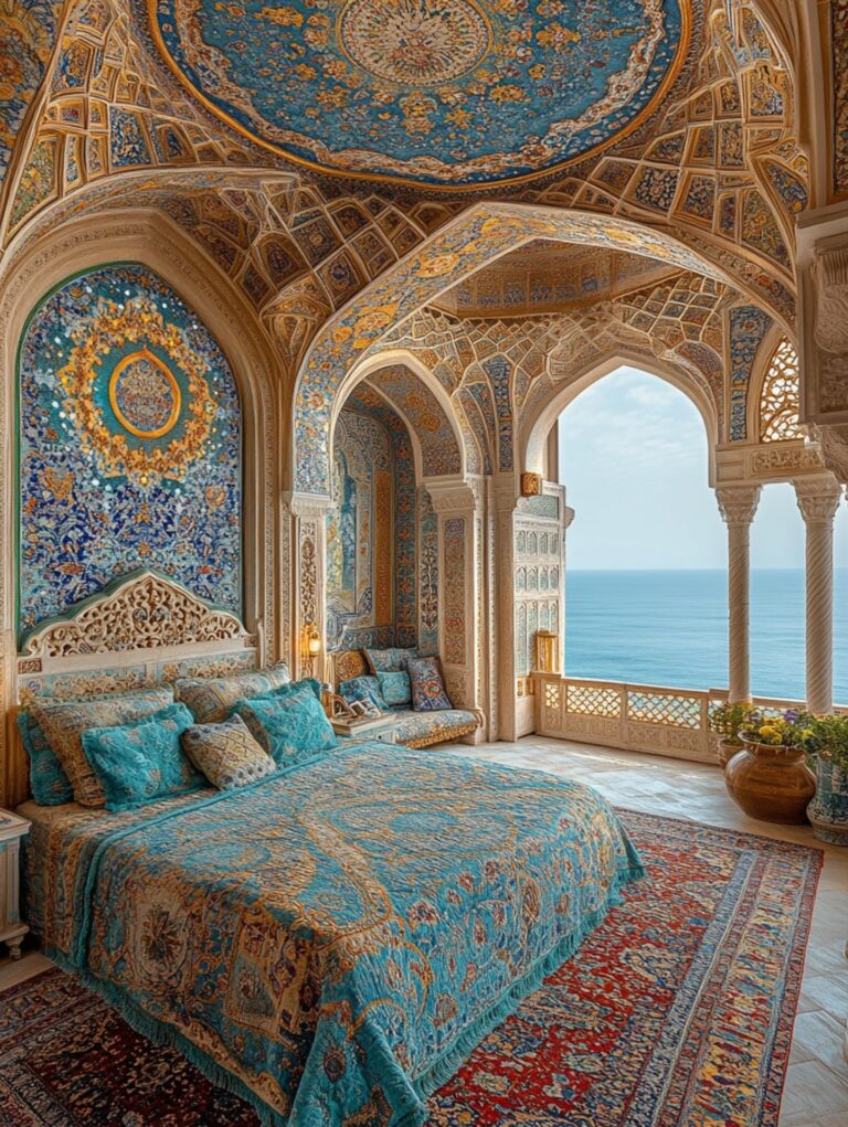 اتاقی شاهانه با کاشی‌کاری فیروزه‌ای و چشم‌انداز دریا