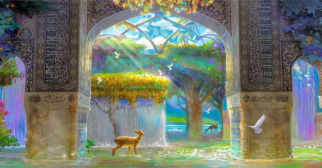 ایوان کاشی‌کاری‌شده با باغ بهشتی و آیات