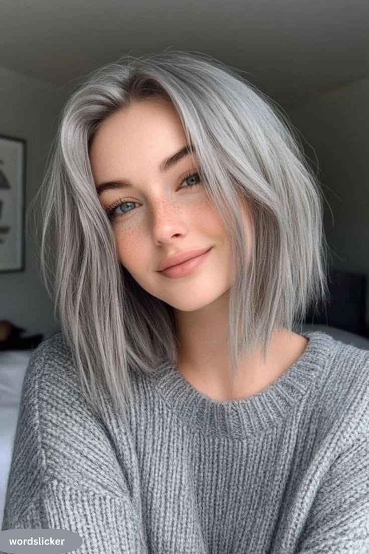 مدل موی باب کوتاه با رنگ نقره‌ای دودی