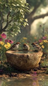 آرامش گنجشک‌ها کنار آبخوری سنگی باغ