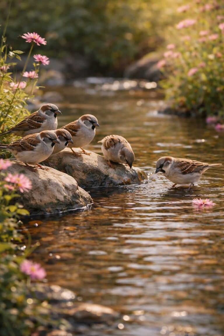 گنجشک‌ها کنار جویبار در روشنای آرام بهار