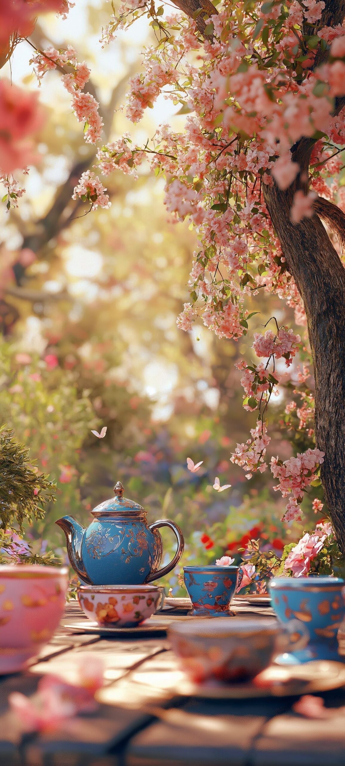 چای بهاری زیر شکوفه‌های صورتی باغ