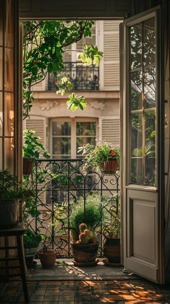 بالکن سبز و نور طلایی در پنجره‌ای شهری