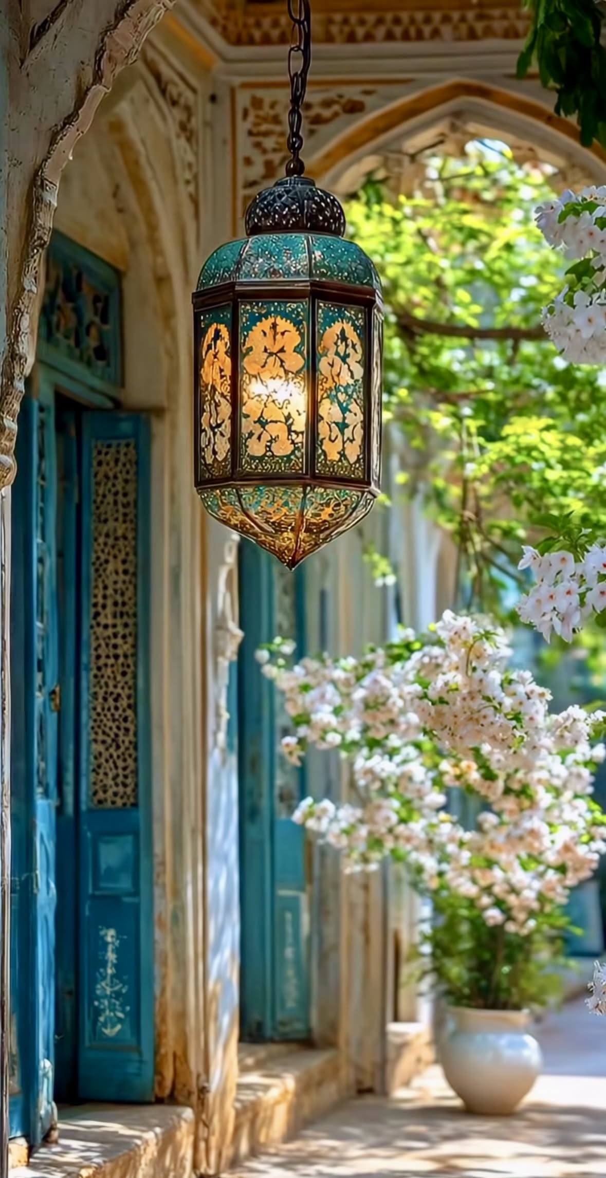 چراغ آویز سنتی در ایوانی پرگل و نور