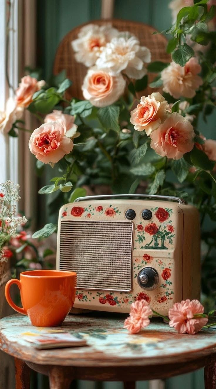 نوستالژی گل‌ها کنار رادیوی vintage و فنجان نارنجی