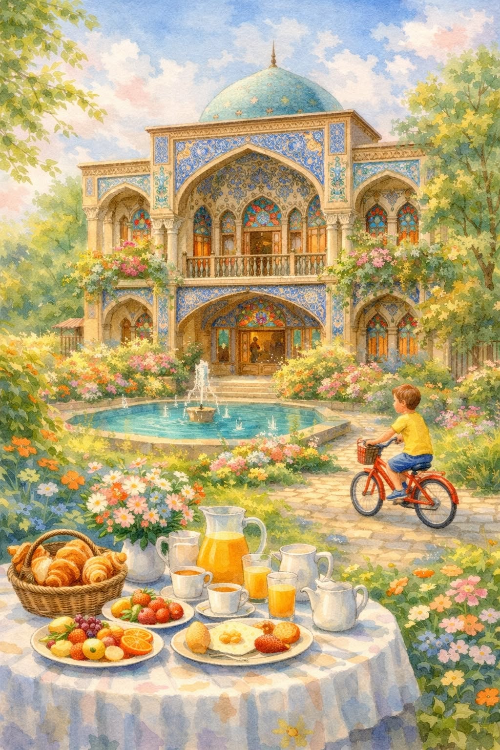 نقاشی آبرنگی عمارت گنبددار با باغ و حوض