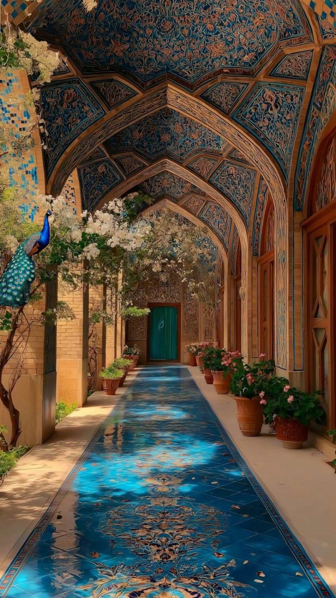 کانال آب ایرانی با کاشی فیروزه و طاووس