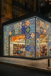 نمای کاشی‌کاری آبی ساختمان در شب با نور داخلی