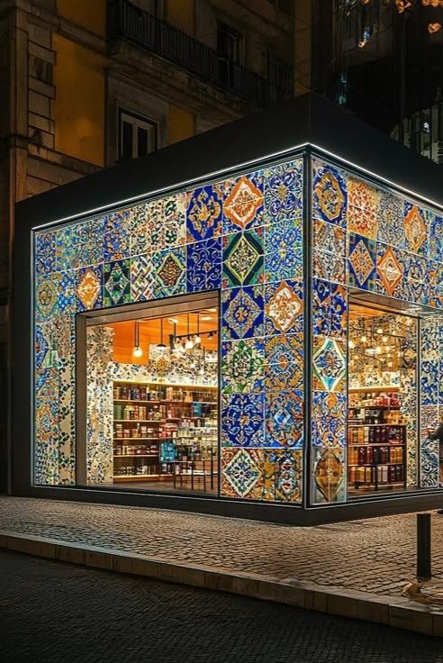 نمای کاشی‌کاری آبی ساختمان در شب با نور داخلی