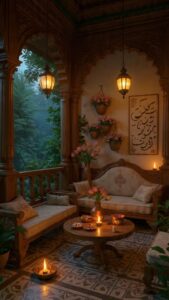 ایوان هندی در شب با ستون منبت‌کاری و فانوس آویزان