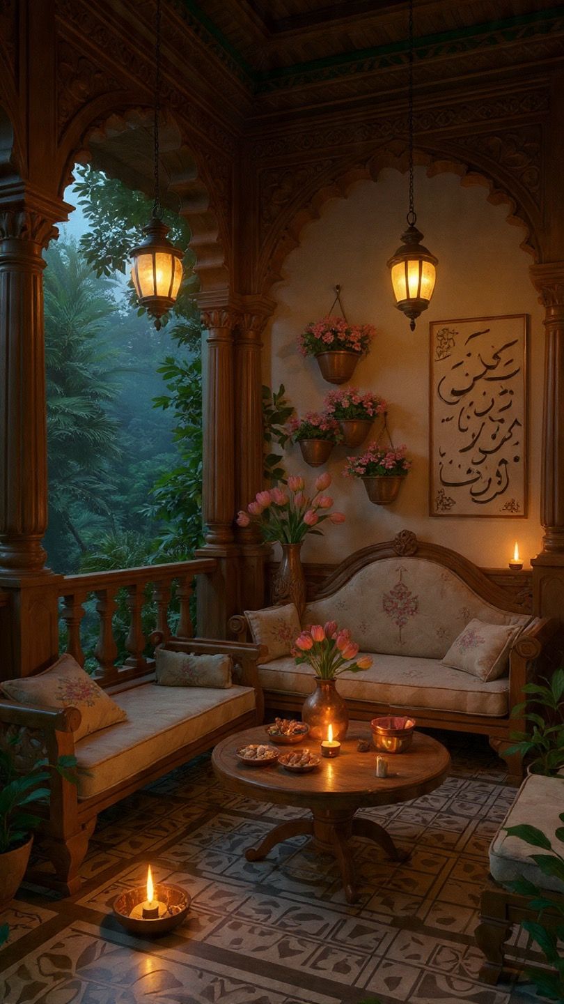 ایوان هندی در شب با ستون منبت‌کاری و فانوس آویزان