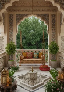 حیاط مغولی با سایبان موزاییک و مبل تاب طلایی