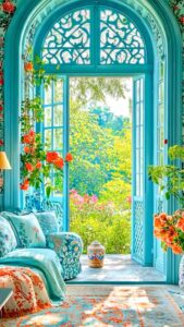 اتاق فیروزه با در مشبک چوبی و منظره باغ سبز