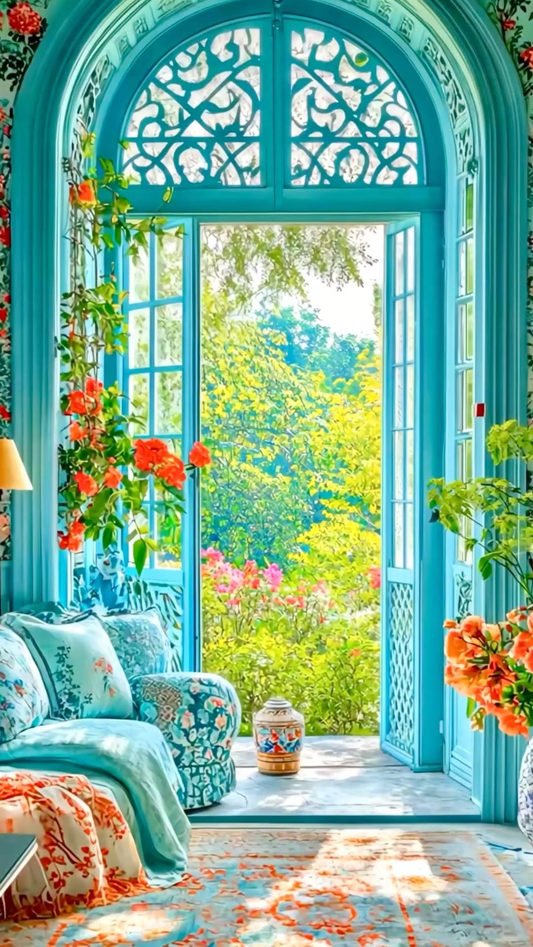 اتاق فیروزه با در مشبک چوبی و منظره باغ سبز