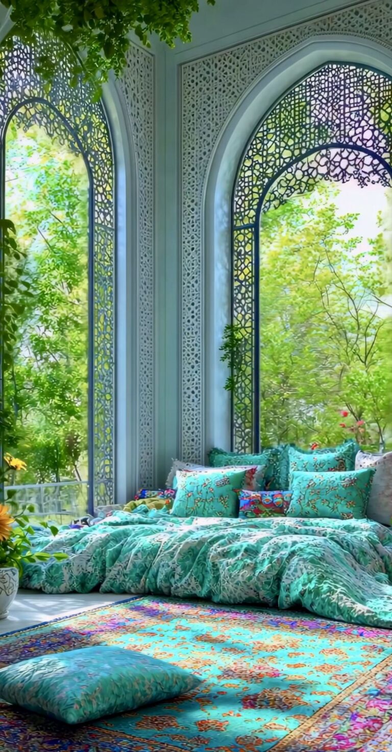 اتاق خواب با قوس مشبک سفید و پیچک آویزان