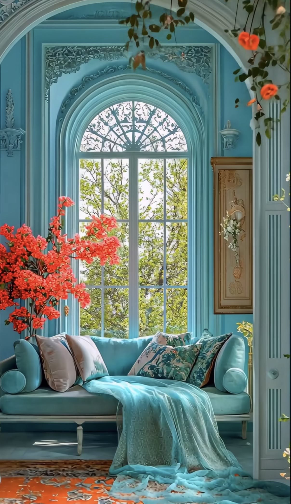 گوشه آشپزخانه فیروزه با دسته‌گل رنگارنگ روی پیشخوان
