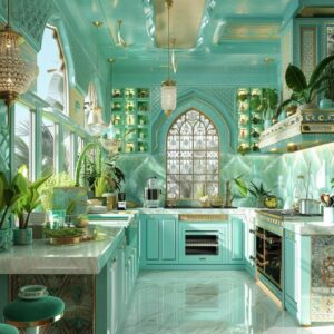 آشپزخانه کلاسیک با کابینت فیروزه تزئینی و پنجره طاقی