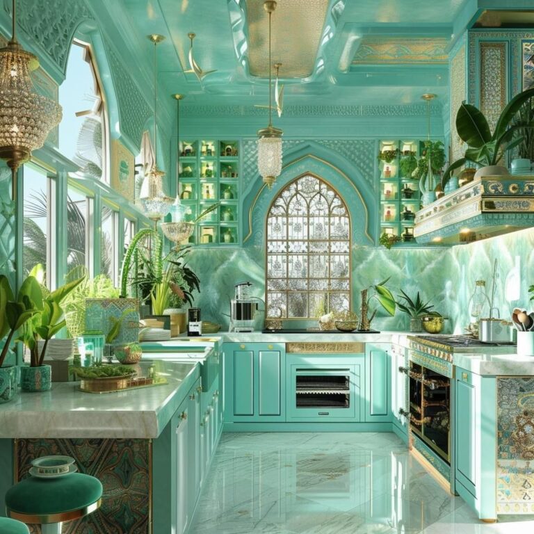 آشپزخانه کلاسیک با کابینت فیروزه تزئینی و پنجره طاقی