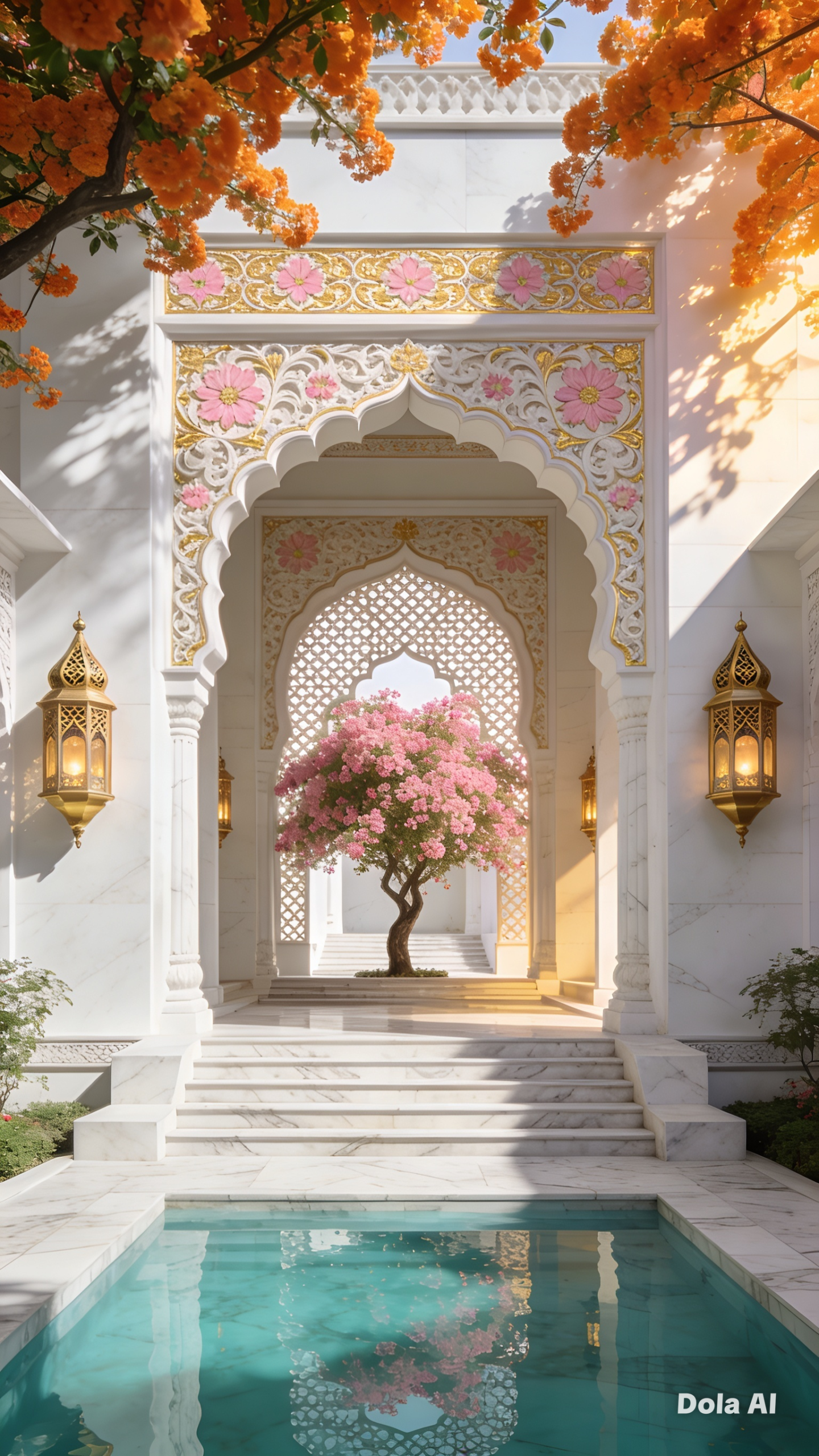 کاخ مرمر مغولی سفید با استخر فیروزه و درخت شکوفه صورتی