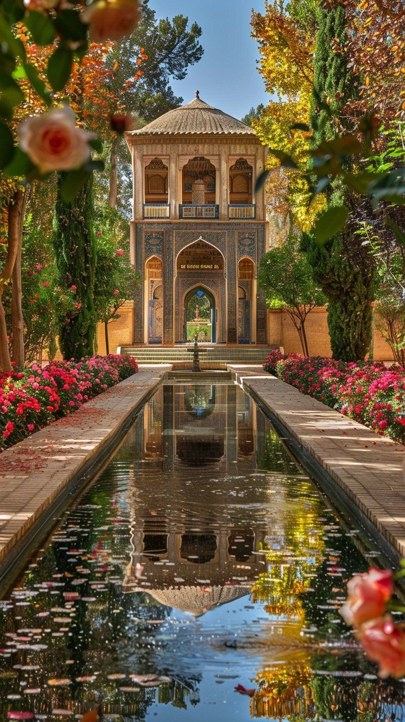 چهارباغ ایرانی با کانال آب، درختان سرو و کوشک فیروزه