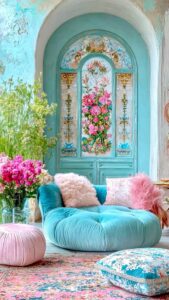 اتاق بوهمی با دیوار فیروزه و تزئینات صورتی
