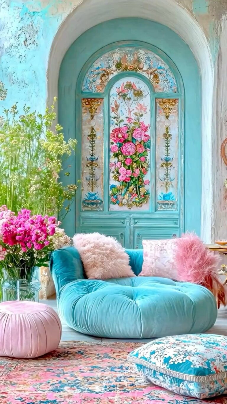 اتاق بوهمی با دیوار فیروزه و تزئینات صورتی