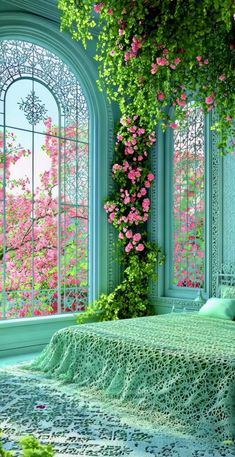 اتاق خواب نعنایی با ستون‌های پوشیده از رز صورتی