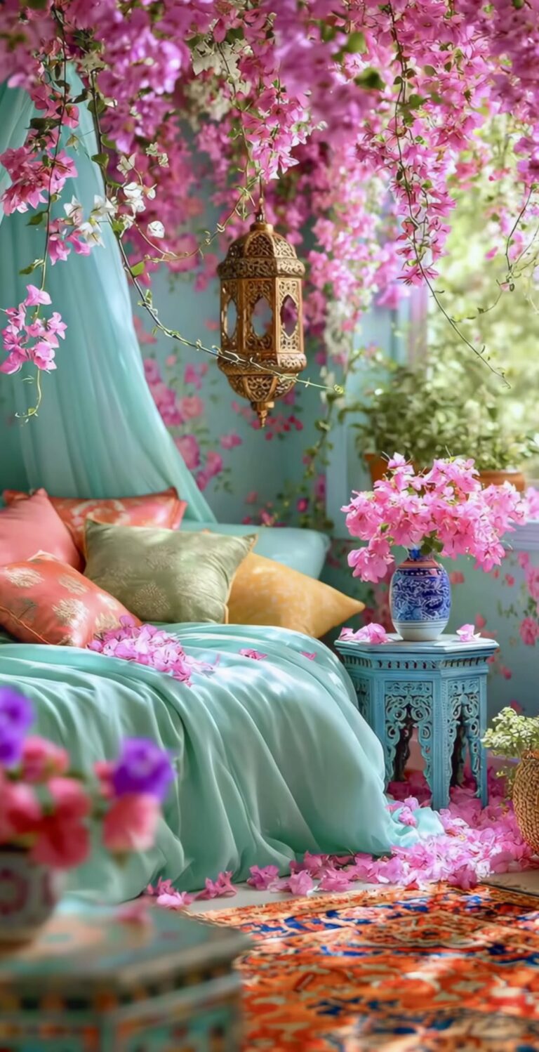 اتاق خواب مراکشی زیر سقف بوگانویل صورتی و فانوس طلایی