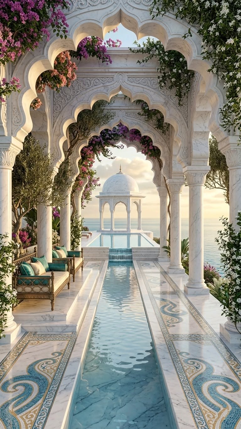 ستون‌های مرمر مغولی کنار کانال آب با غروب دریا