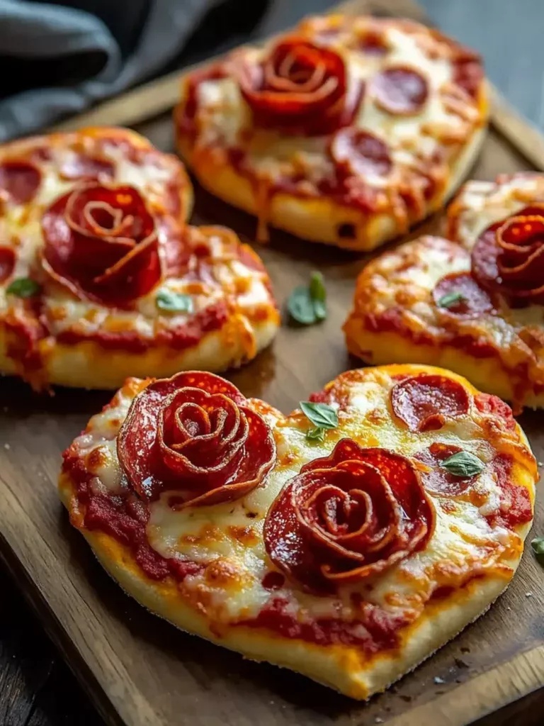 پیتزا قلبی با گل رز پپرونی و ریحان تازه روی تخته چوبی