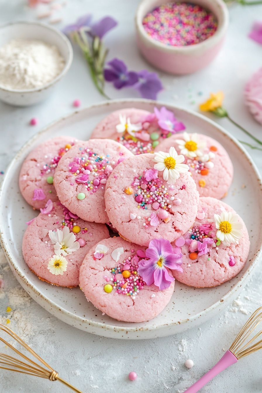 کوکی صورتی با شکرک رنگی و گل خوراکی تازه