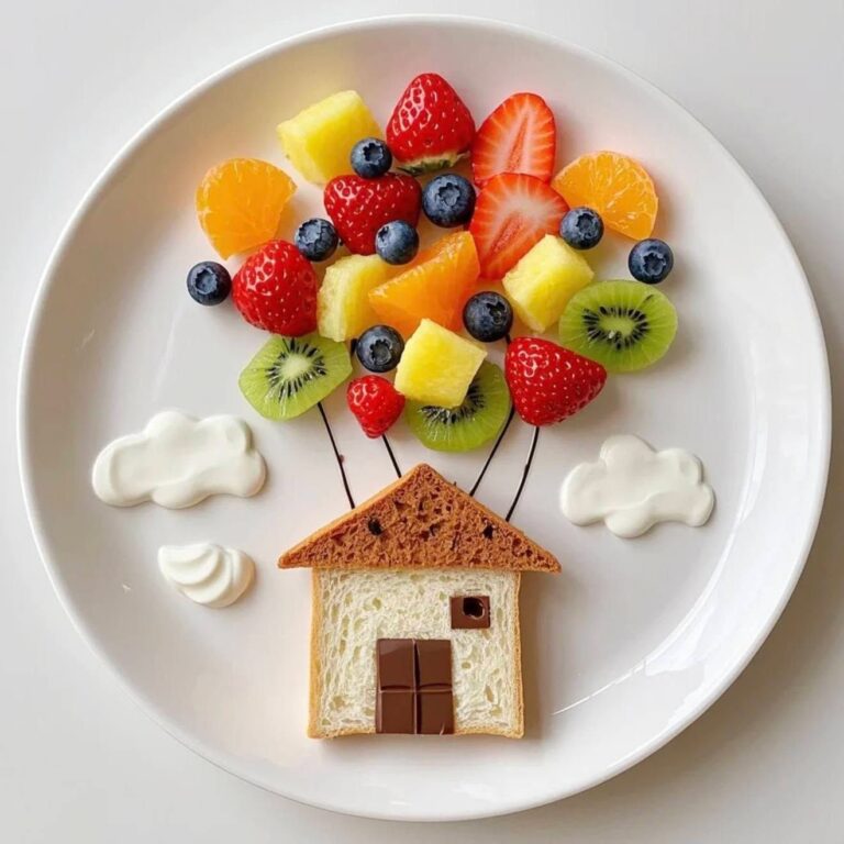 خانه پرنده با بادکنک میوه‌ای روی بشقاب سفید