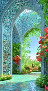 طاق مقرنس فیروزه‌ای با باغ سبز و رز قرمز در پس‌زمینه