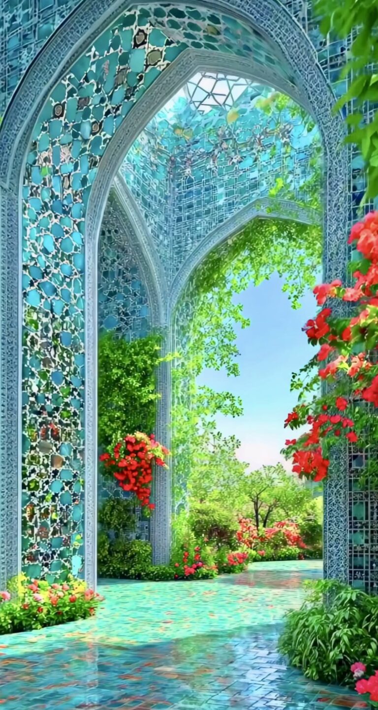طاق مقرنس فیروزه‌ای با باغ سبز و رز قرمز در پس‌زمینه