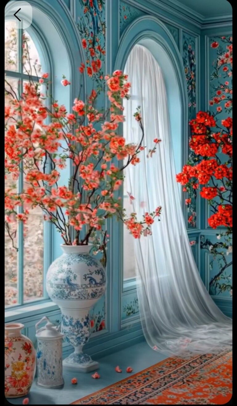 اتاق آبی با پنجره قوسی سفید و شکوفه مرجانی