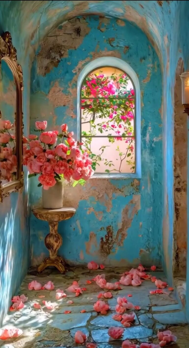 دیوار آبی کهنه با گلدان رز سفید روی پایه طلایی