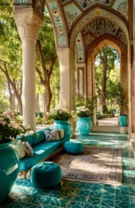 ایوان آجری ایرانی با سقف کاشی رنگارنگ و مبل مخمل فیروزه