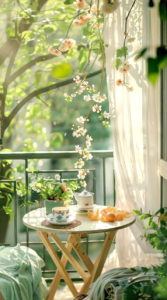 میز چای صبح در بالکن با پیچک سبز اطراف