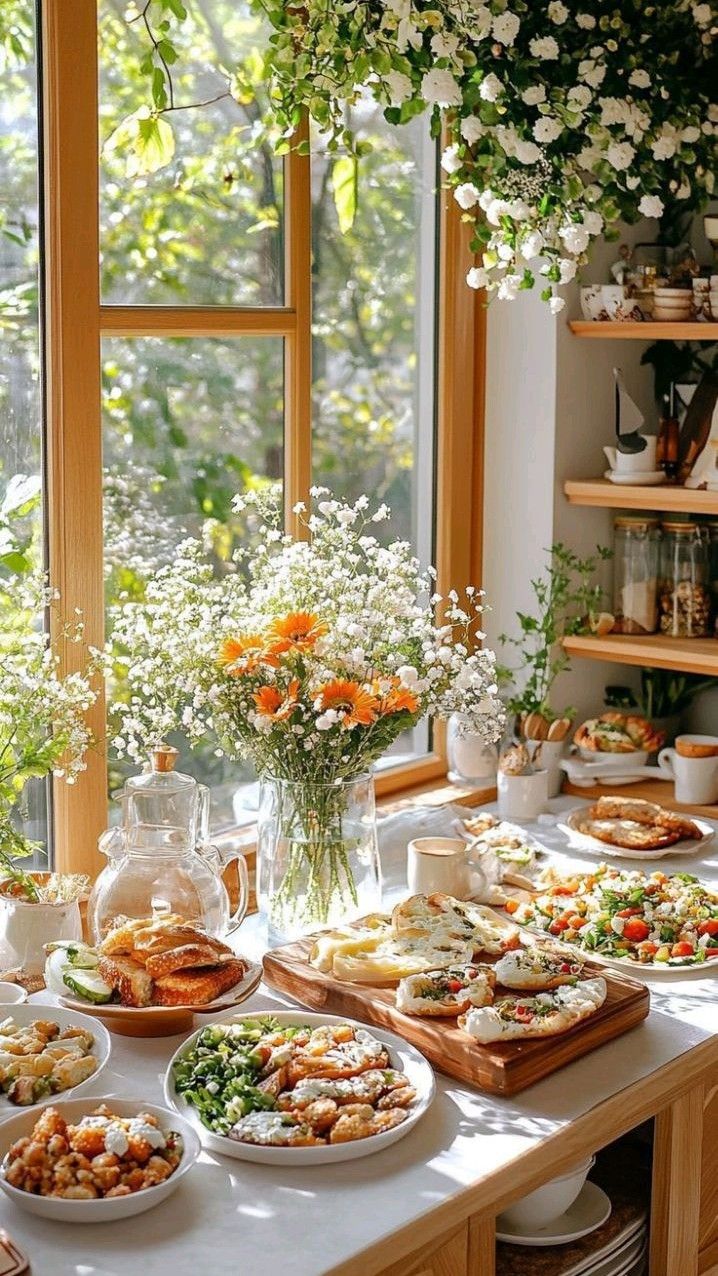 میز آشپزخانه با گل گربره نارنجی و منظره باغ