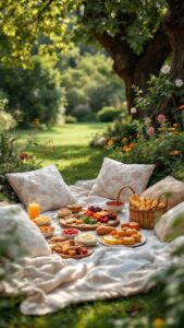 پیکنیک رمانتیک باغ با صفحه شارکوتری و بالش سفید