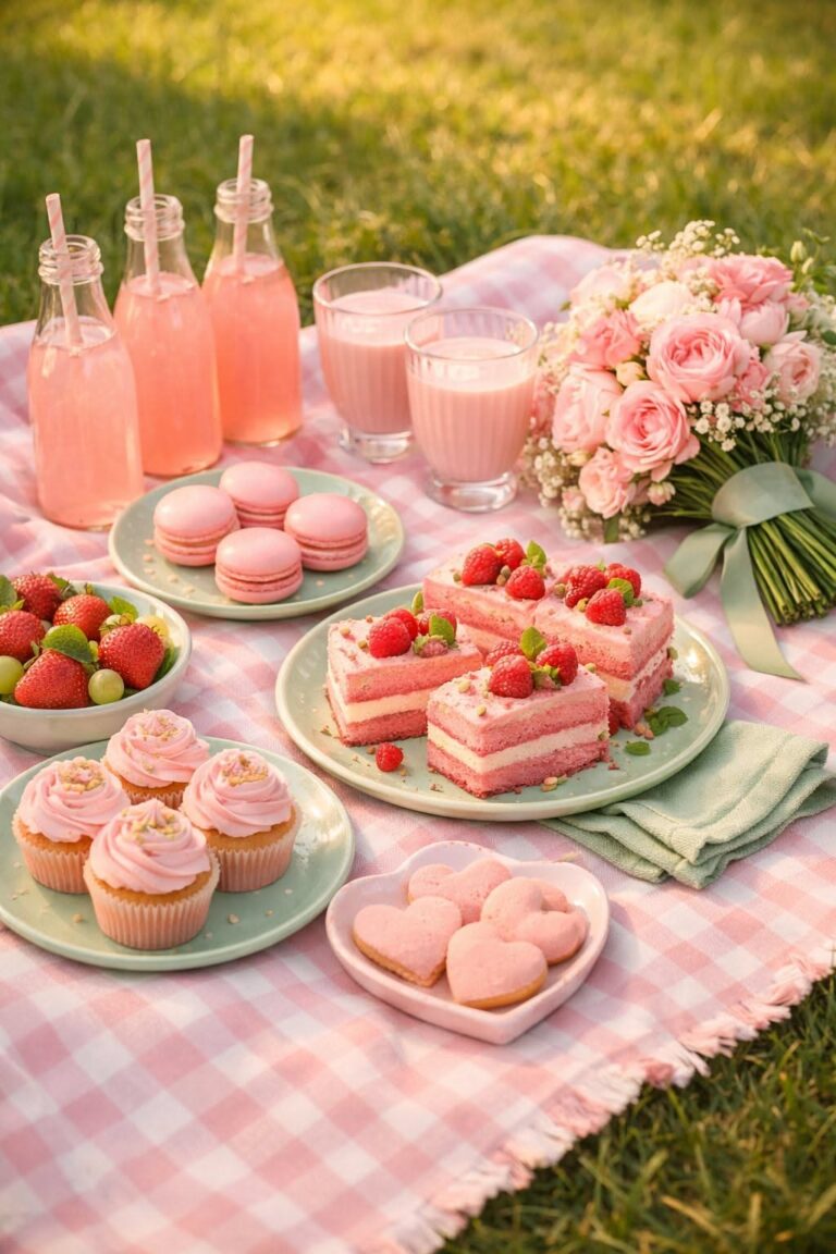پیکنیک تم صورتی با ماکارون، کیک تمشک و رز صورتی