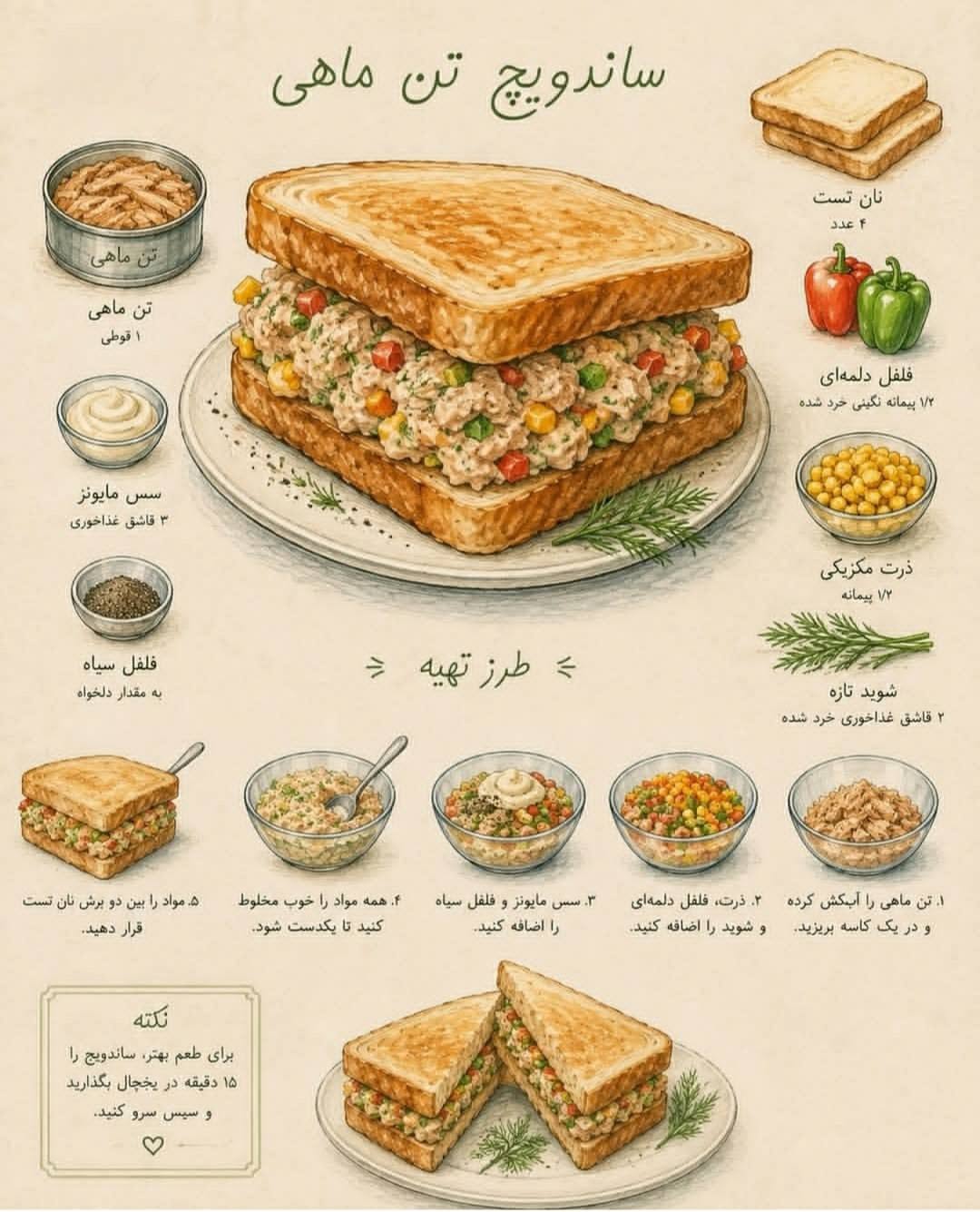طرز تهیه ساندویچ تن ماهی با ذرت و شوید تازه