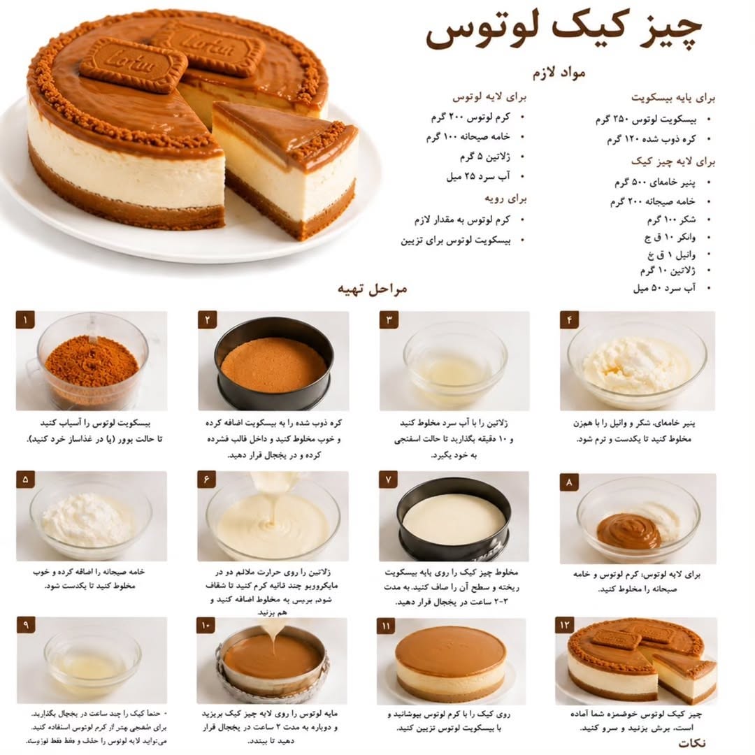 چیز کیک لوتوس با رویه کرم لوتوس و بیسکویت لوتوس روی سطح در بشقاب سفید
