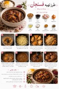 طرز تهیه فسنجان با مرغ و گردو و رب انار برای ۴ نفر