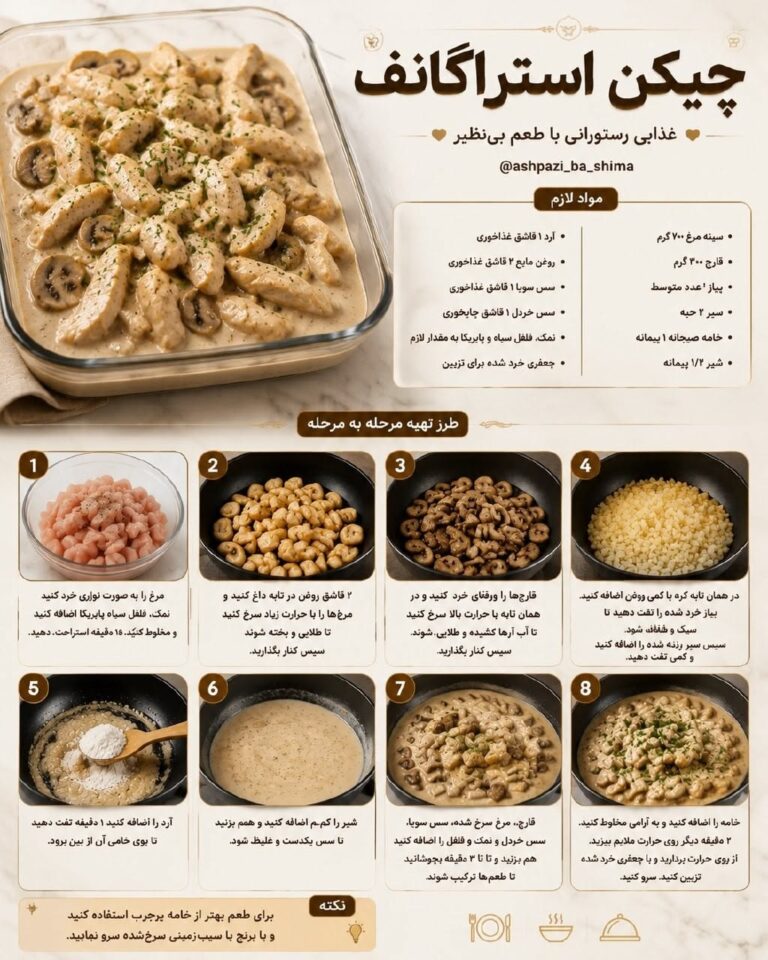 طرز تهیه چیکن استراگانف با قارچ و سس خامه‌ای