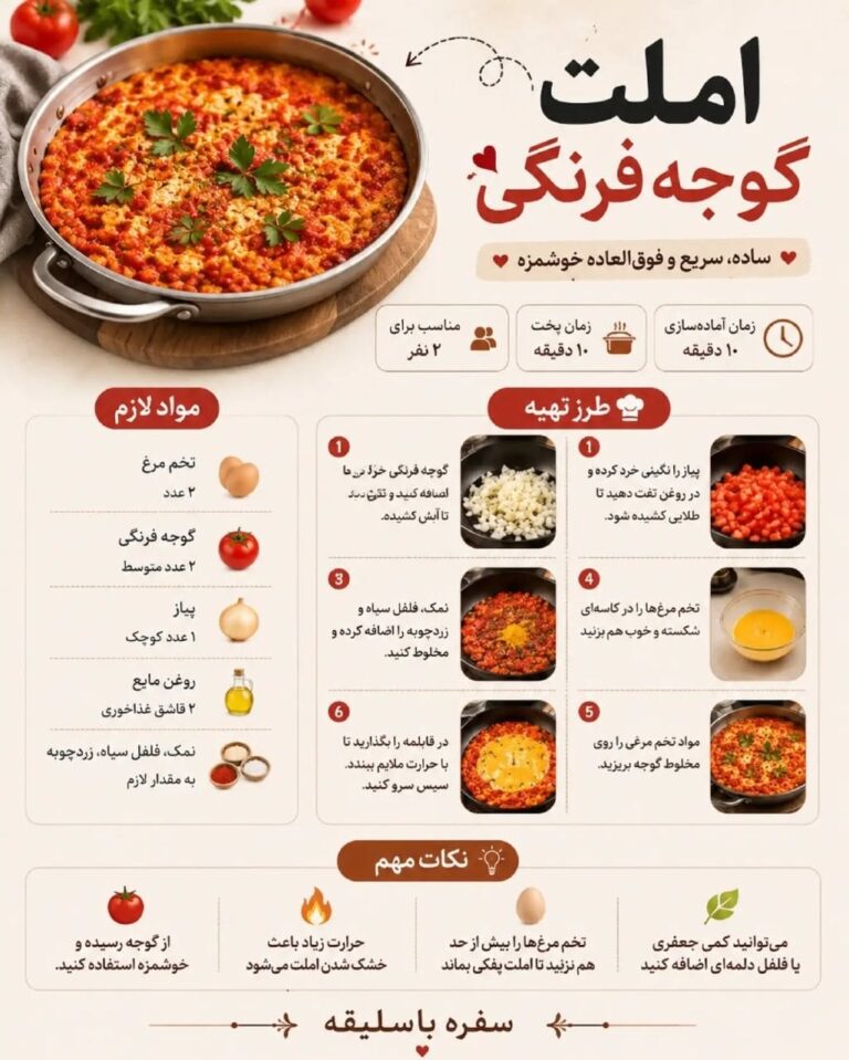 طرز تهیه املت گوجه فرنگی خانگی ساده و سریع برای ۲ نفر