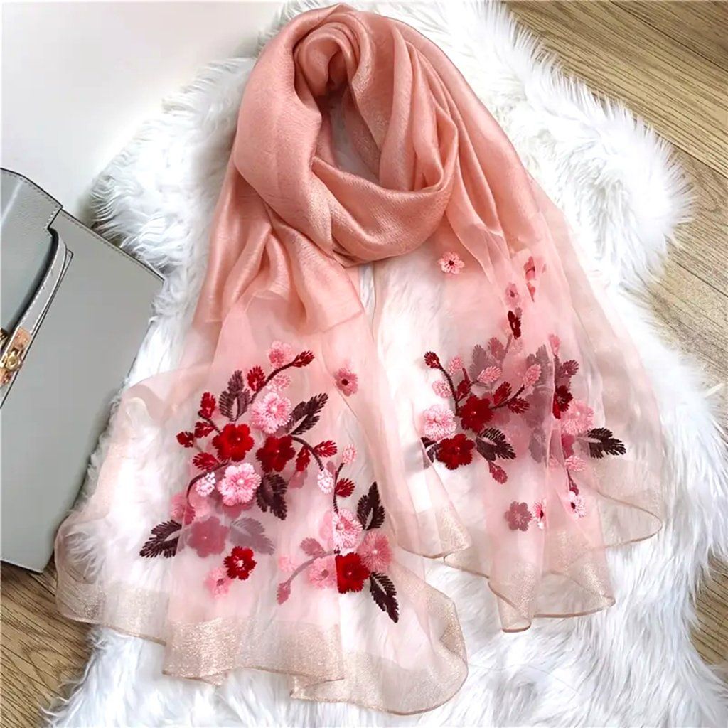 شال ارگانزا صورتی سالمون با گلدوزی گل‌های قرمز و صورتی
