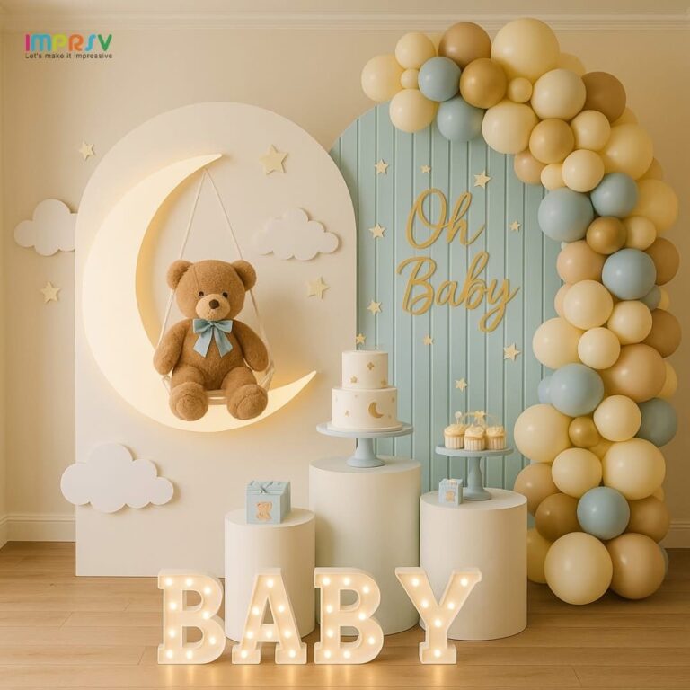 بک‌دراپ بیبی شاور خرس تدی با ماه و ستاره، تاق بادکنک و حروف BABY